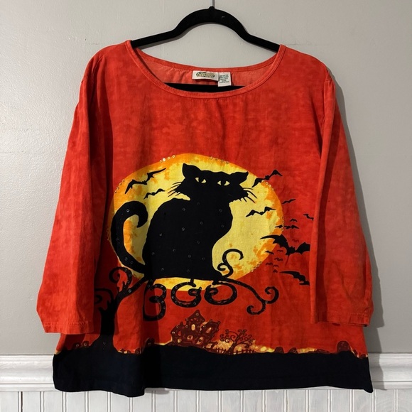 Collections Etc. | Halloween Shirt with Black Cat & Sequins Vintage Size XXL - Picture 1 of 6